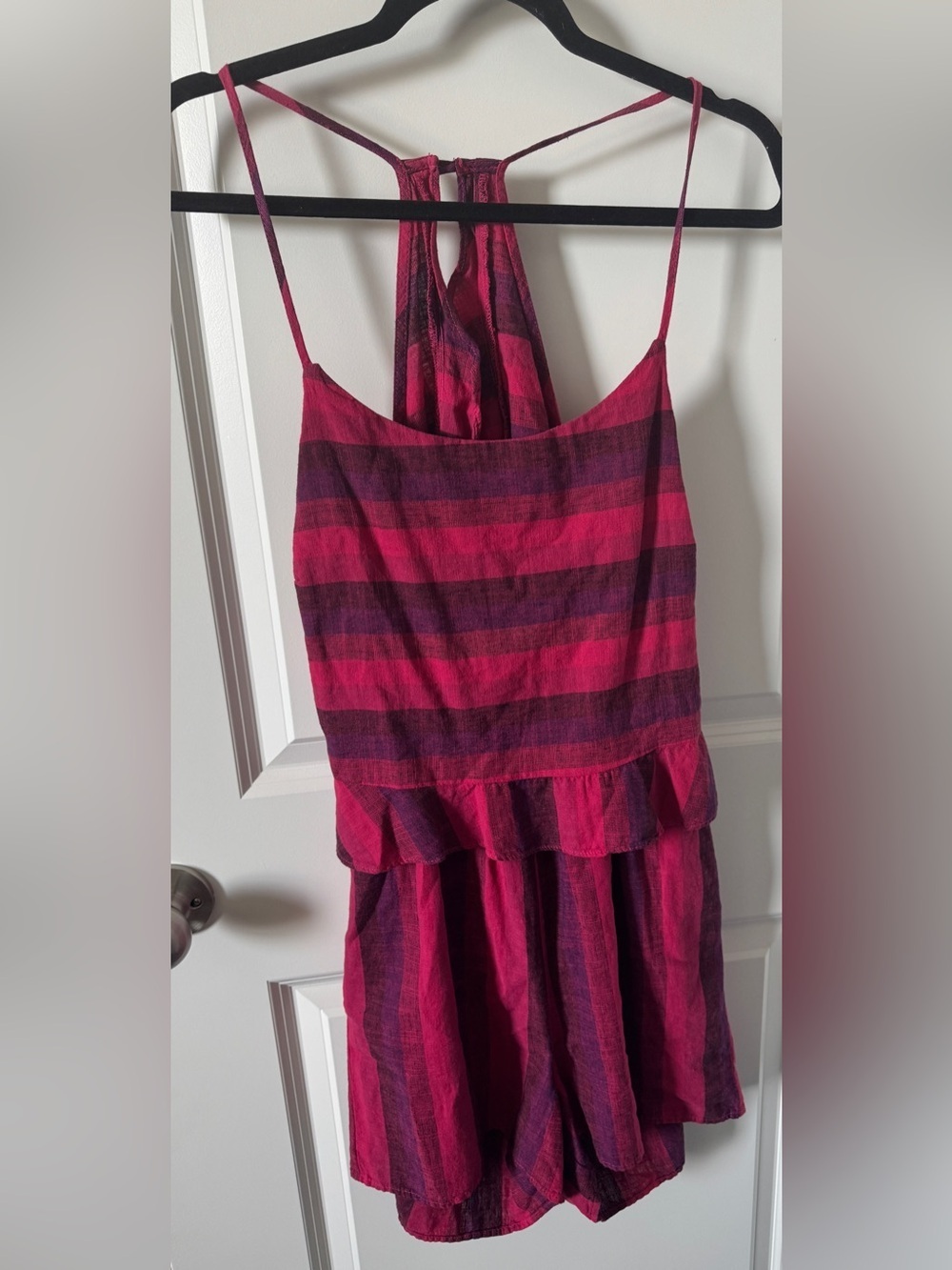 NWT-Anthropologie Amadi Melia pink and purple striped linen blend ruffle romper